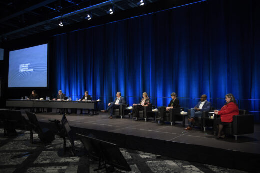 The Mass Casualty Commission, Panel about life in rural Nova Scotia (from left to right: Commissioner Stanton, Commissioner MacDonald, Commissioner Fitch, Chief Sidney Peters, Mary Teed, Reverend Nicole Uzans, Dr. Ernest Asante Korankye, Alana Hirtle